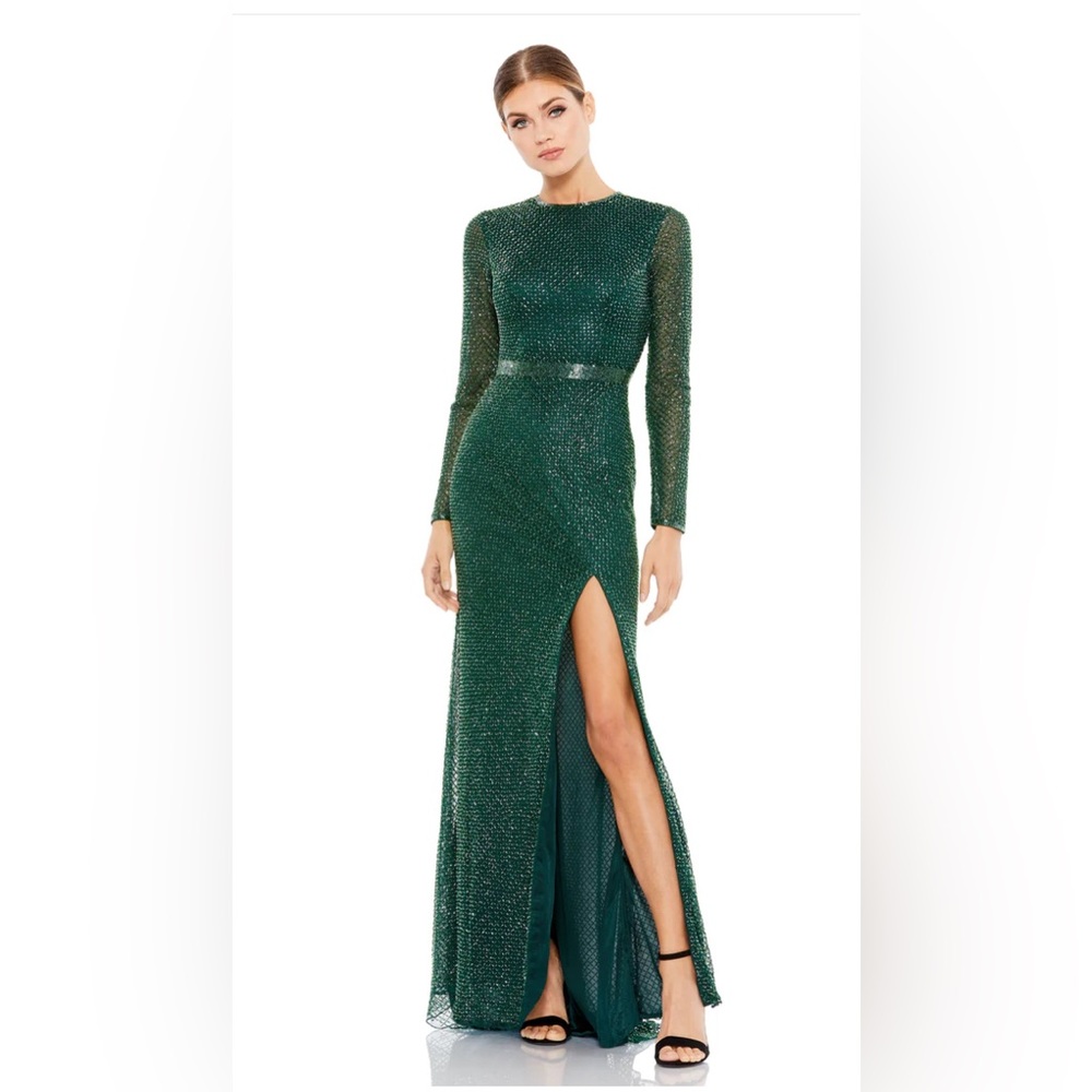 Mac Duggal BEADED LATTICE LONG SLEEVE GOWN WITH DETAILED BELT
